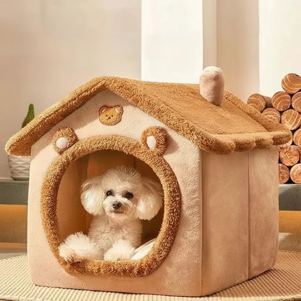Cozy bear-themed pet bed with fluffy white dog inside, perfect for safe and comfortable sleep.