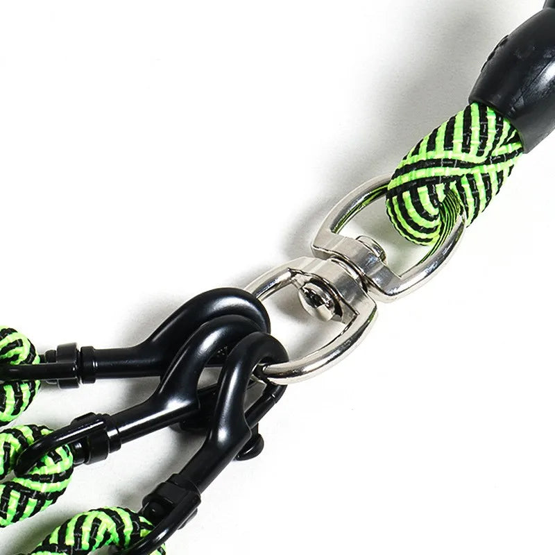 Neon green and black braided dog leash with metal clasp and dual hooks for secure walking