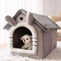 Cozy gray plush dog house with cute puppy inside, perfect pet bed for small dogs