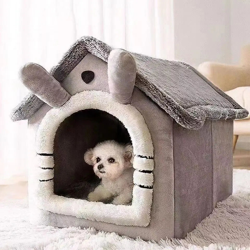 Cozy gray plush dog house with cute puppy inside, perfect pet bed for small dogs
