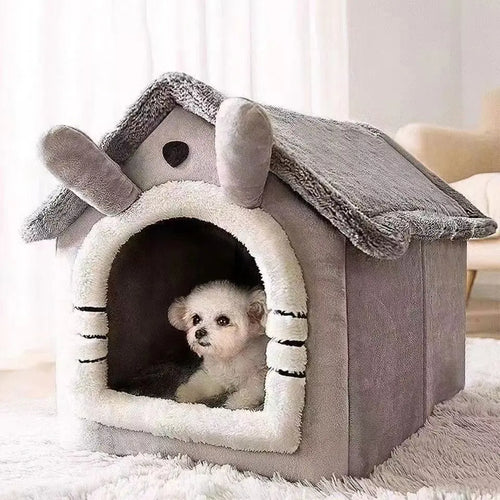 Cozy gray plush dog house with cute puppy inside, perfect pet bed for small dogs