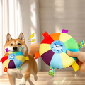 Shiba Inu playing with colorful plush shark dog toy, perfect for interactive pet playtime and training.