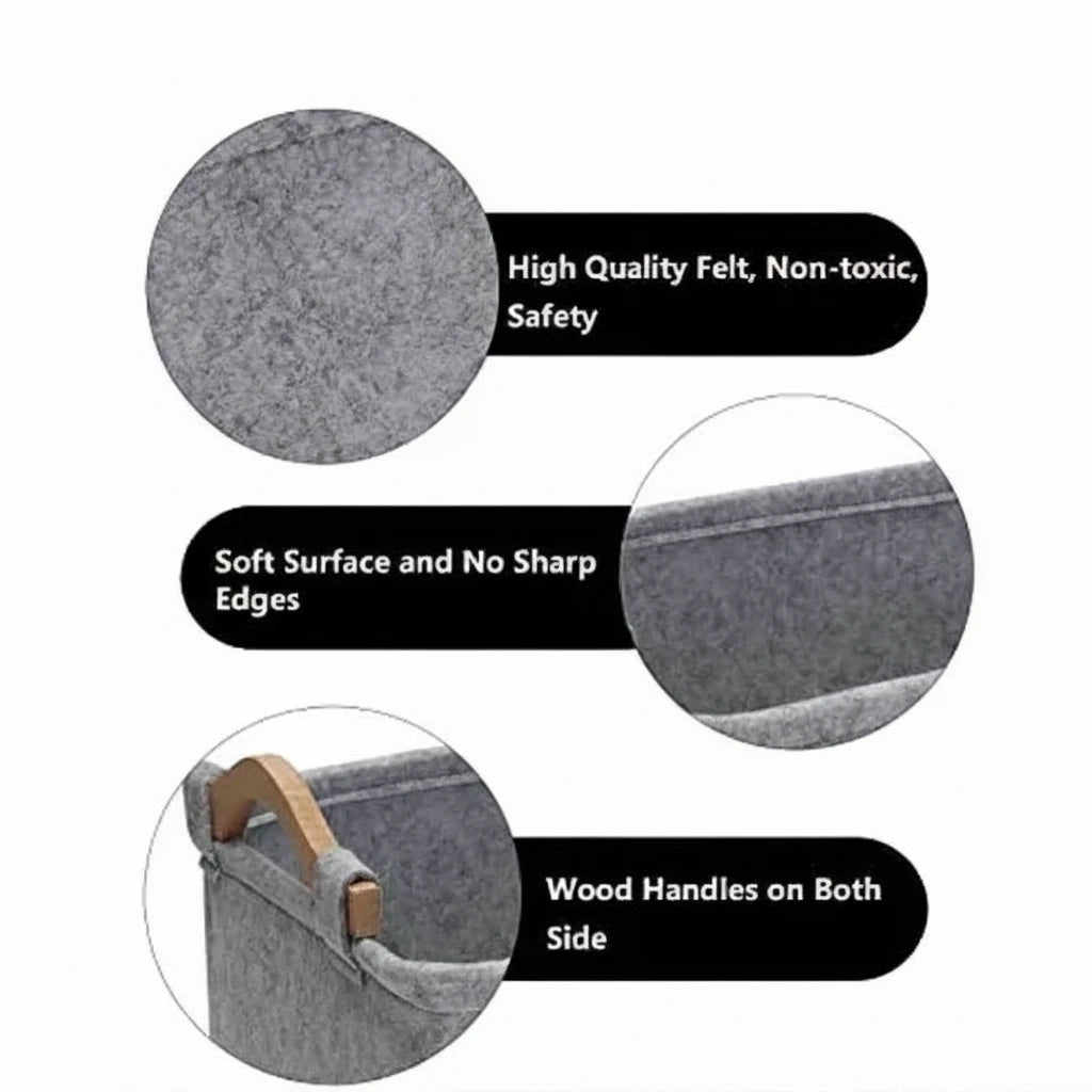 Gray felt pet storage bin with wood handles, soft non-toxic surface, safe for pets