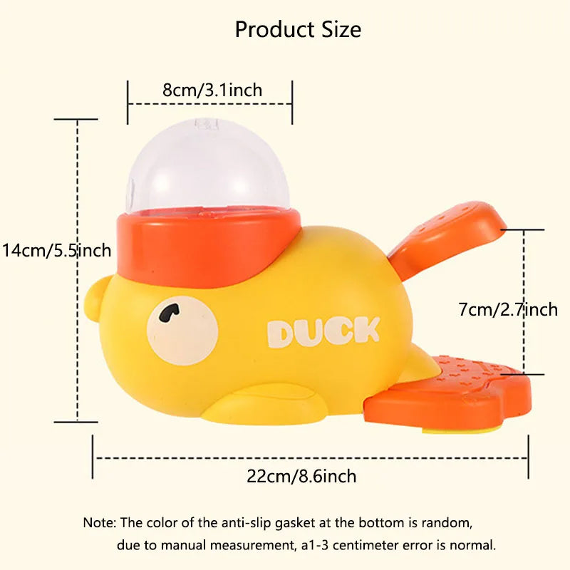 Yellow duck bath toy with orange beak and feet, 22cm long, labeled DUCK for kids’ bath time fun