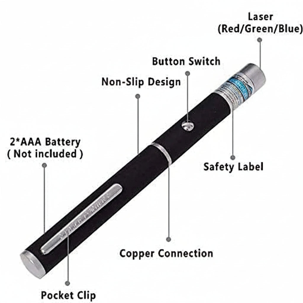 Pet laser pointer with red green blue beam, non-slip grip, pocket clip, and safety label for interactive play