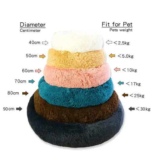 Soft plush pet beds in multiple sizes & colors, ideal for cats and dogs by weight and diameter