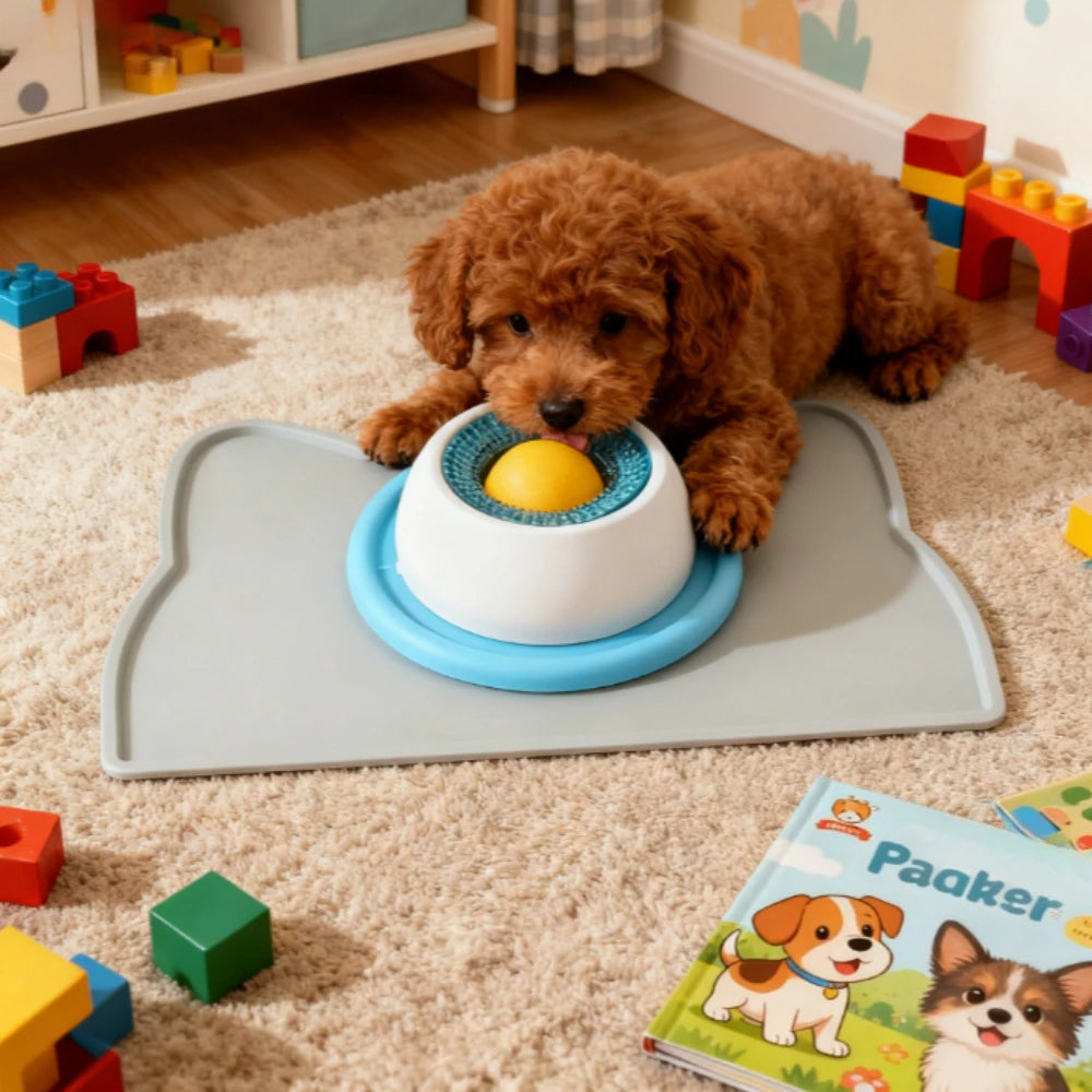 Cute puppy playing with interactive slow feeder bowl on pet mat surrounded by toys