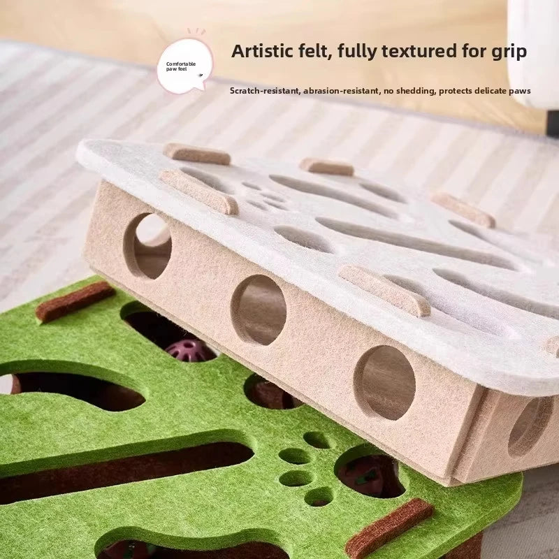 Textured felt cat scratcher with paw-shaped holes, scratch-resistant for delicate paws