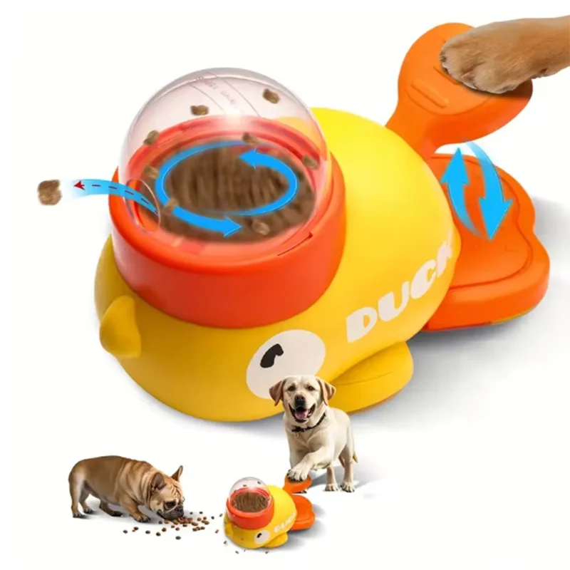 Interactive duck-shaped dog puzzle feeder with treat dispenser for mental stimulation and slow feeding