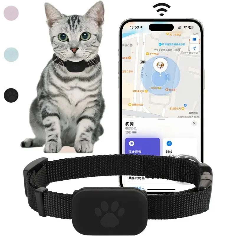 GPS pet tracker collar for cats with smartphone app location monitoring and paw print design