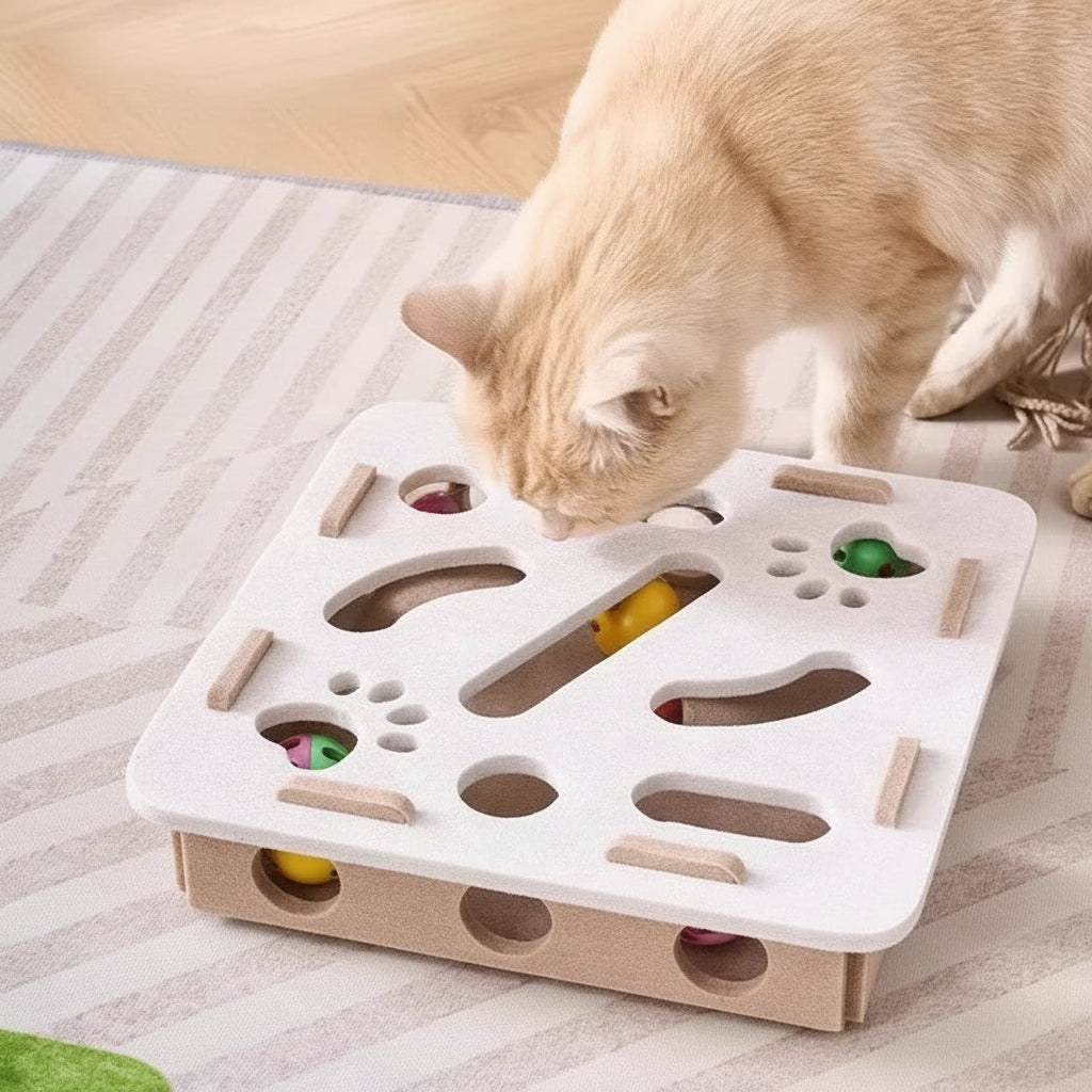 Cat playing with interactive puzzle toy featuring chase-and-play design for mental stimulation