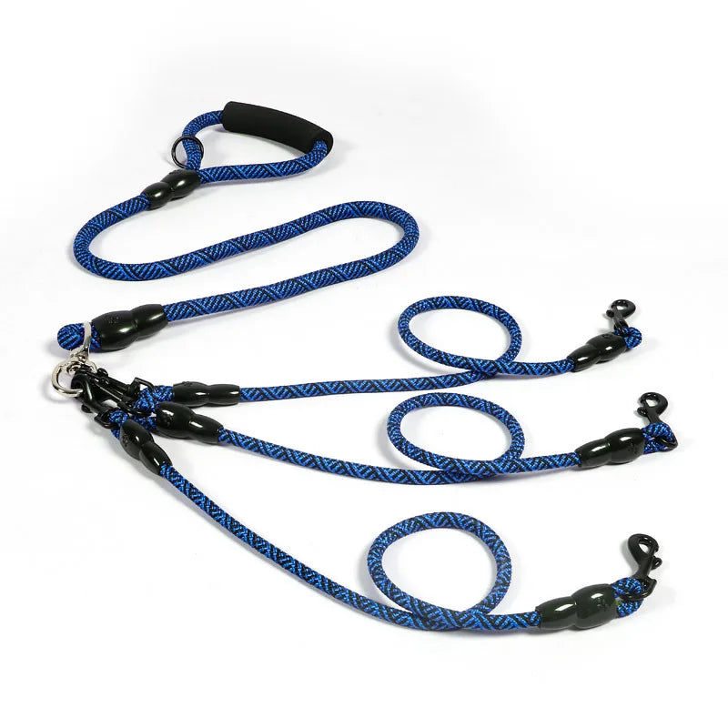 Blue braided dog leash with black handle and clips, ideal for walking pets safely