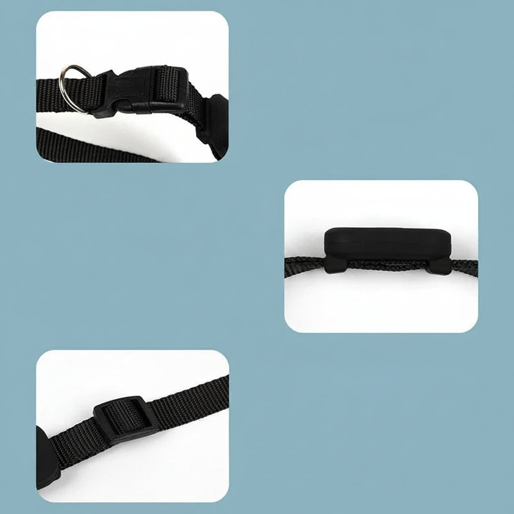 Black dog collar with anti-choking safety buckle, medical-grade material, and high-tensile nylon for comfort and durability