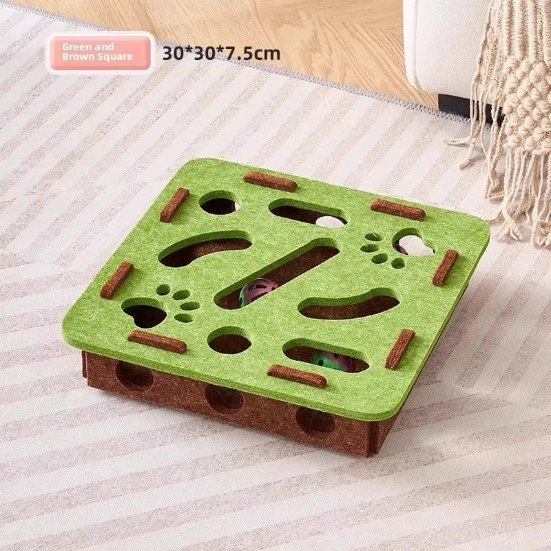 Green and brown square cat puzzle feeder with treat holes and paw prints, 30x30x7.5cm