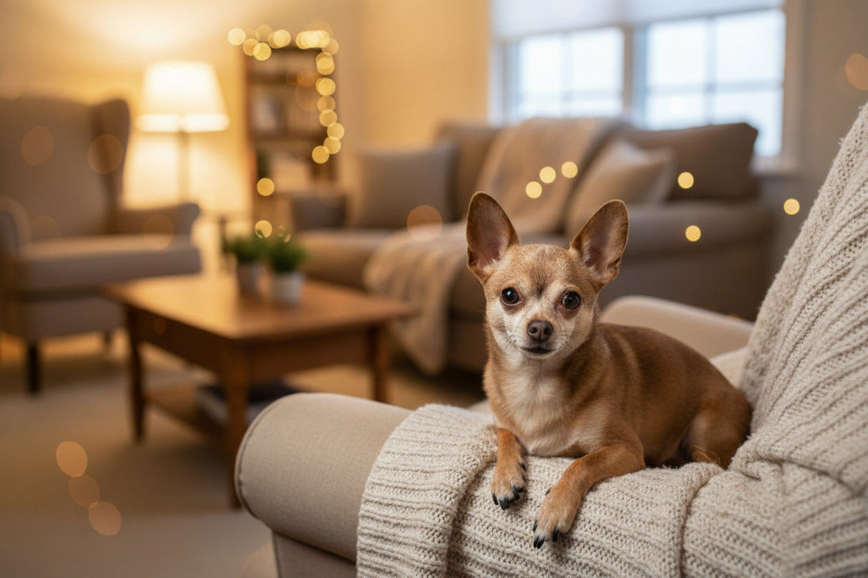 Small brown chihuahua resting on cozy armchair in warm living room with soft lighting